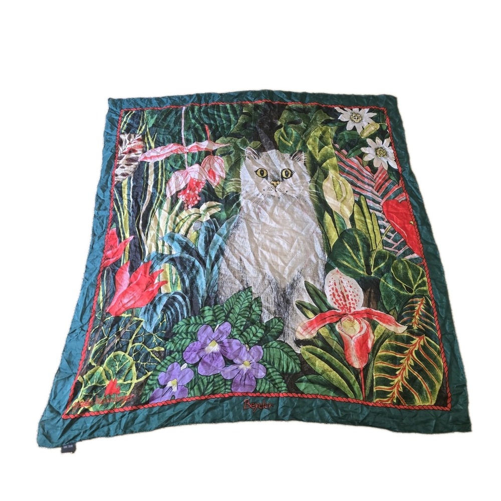 Vintage Beyeler Gisela Buomberger Swiss 100% Silk Scarf Cat Print Jungle Green